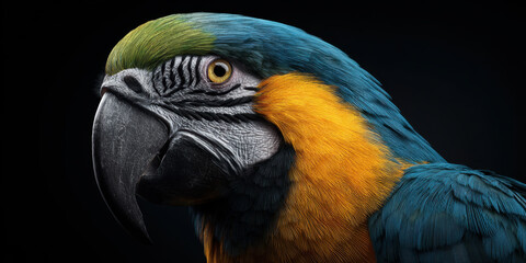 Fototapeta premium Blue macaw portrait tropical bird colorful plumage beak close up wildlife exotic animal feather black background profile view large parrot yellow chest green head blue wing animal face avian bird