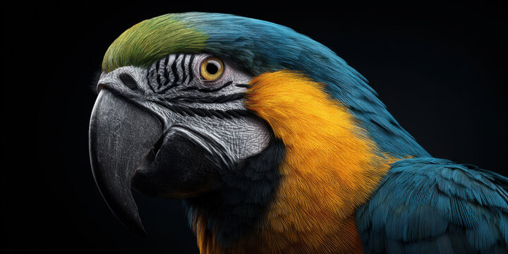 Blue macaw portrait tropical bird colorful plumage beak close up wildlife exotic animal feather black background profile view large parrot yellow chest green head blue wing animal face avian bird