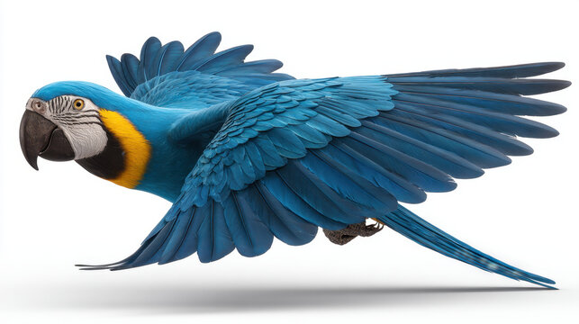Blue macaw in flight on white background, spread wing bird with yellow face and long tail