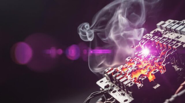 Close-up of a severely damaged and burning electrical circuit board emitting smoke and glowing with intense heat, symbolizing failure and danger.
