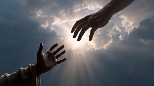 Spiritual hand reaching toward divine light, believer reaching upward in hope and faith