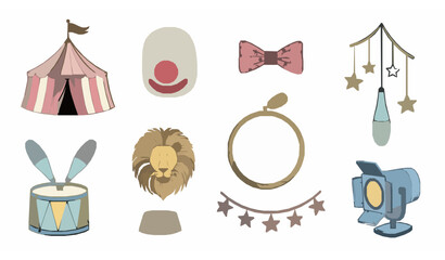 Hand drawn circus doodle elements vector collection with tent clown accessories and show symbols isolated on white © Surjo