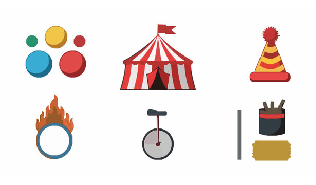 Colorful circus elements vector set with tent juggling props clown accessories isolated on white background for logo and emblem design