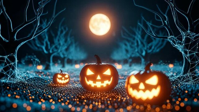 Glowing Jack-o-lanterns Set In Spooky Nighttime Forest Scene Under Full Moon With Glowing Orbs Digital Trees For Seasonal Halloween Decorations
