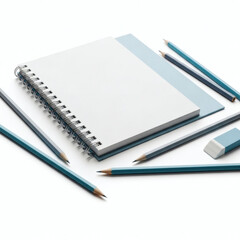Naklejka premium A spiral notebook and blue pencils on a white background for creative writing