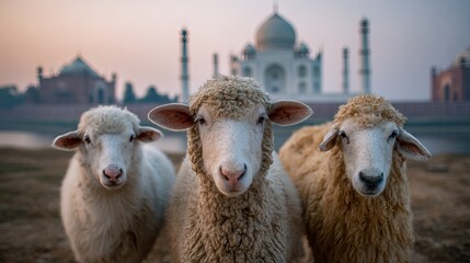 Obraz premium Sheep standing in front of taj mahal with calm gaze toward camera
