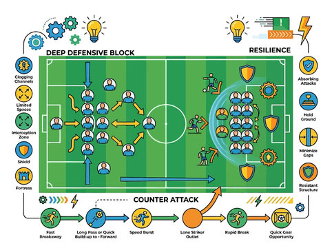 Strategic Soccer Playbook Illustration: Deep Defensive Block, Resilience, and Counter-Attack Formations on a Green Field