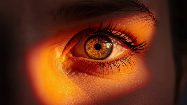 Golden hazel eye close up with dramatic warm light and detailed eyelashes bathed soft skin texture
