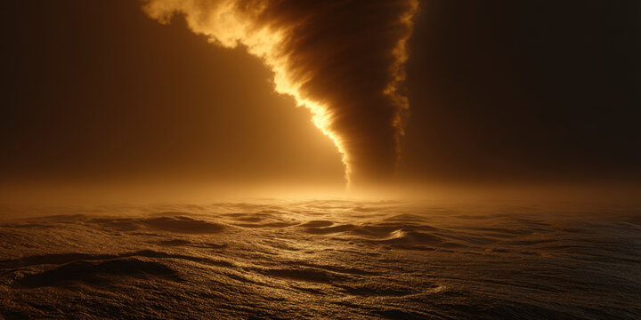 Golden sandstorm over barren desert horizon, dramatic sky, cinematic light, wide view, swirling dust, atmospheric haze, glowing sunset