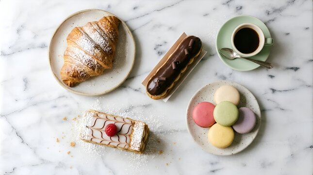 Assorted French pastries including croissant eclair macarons and mille feuille with black coffee on marble table
