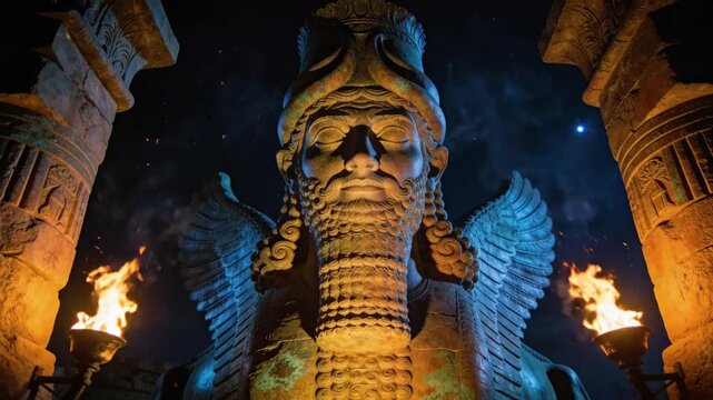 Mesopotamian Lamassu Ancient Winged Guardian Statue in a Mystical, Torchlit Temple with Dramatic Lighting