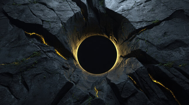 Dark rock cave portal circular void glowing crack alien wall mysterious entrance dark stone texture fantasy scene black hole rocky surface sci fi cavern