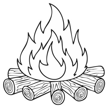 Line art illustration of campfire with flame and logs for coloring book page or clip art vector design