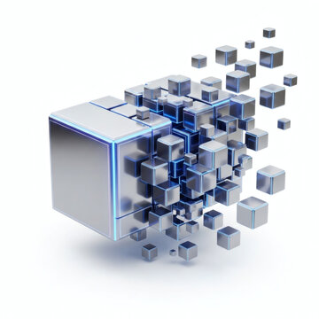 A 3D rendering of a large cube breaking apart into smaller cubes