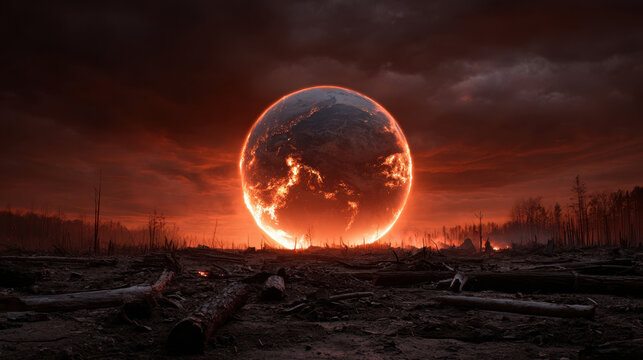 Apocalyptic Earth planet burning sky dramatic disaster scene fiery horizon dark wasteland global catastrophe environmental collapse glowing sphere destruction smoke ash charred forest dead tree