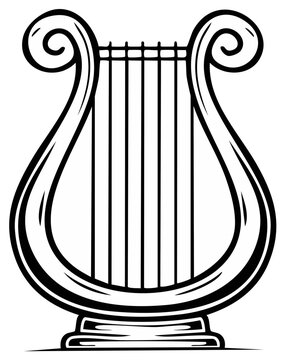 Harp Musical Instrument Black and White Illustration Ancient Stringed Instrument Isolated