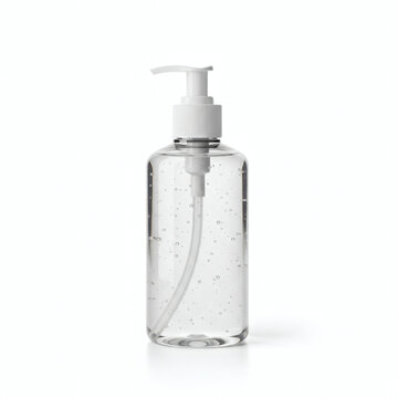 A clear plastic bottle of hand sanitizer with a white pump
