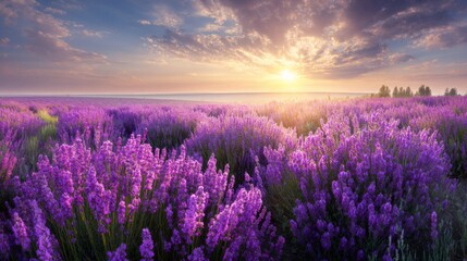 Fototapeta premium Majestic Lavender Field at Sunrise with Vibrant Purple Flowers Under a Soft Sky Lit by Golden Light and Tranquil Horizon in a Peaceful Landscape