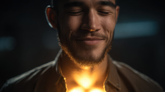 Happy Muslim man with glowing heart prayer faith serenity spiritual meditation devotion hope calm man