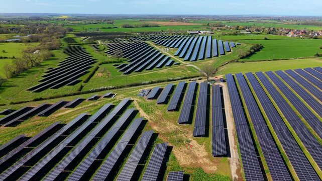 Aerial view of a large solar panel farm with rows of photovoltaic modules surrounded by green fields and trees under a clear blue sky in Nailstone, England, United Kingdom.