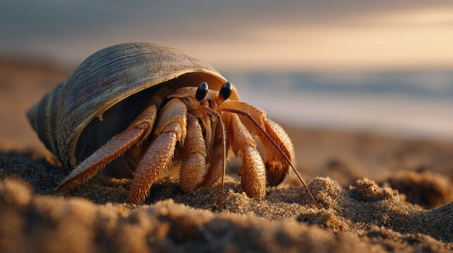 Hermit crab crawling from cracked shell on sandy beach at sunset, natural marine life in warm light