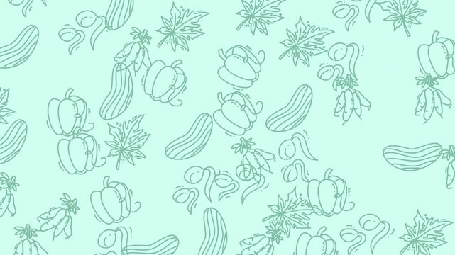 Repeating pattern of pumpkins, cucumbers, and leaves suitable for fallthemed designs, autumn decorations, fabric prints, and seasonal projects.