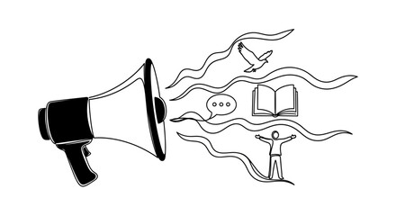 Megaphone with ideas and objects coming out. © Untung