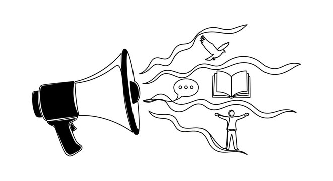 Megaphone with ideas and objects coming out.