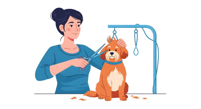 Dog Grooming Session: A skilled groomer meticulously trims the fur of a cute dog, creating a scene of care and professional pet grooming. 