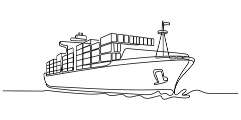 Continuous single line drawing of a large cargo container ship sailing on the ocean water Vector, illustration © Kanu Art_Gallery