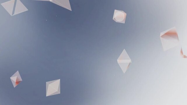 The background is a gradient of blue-gray and white. The main elements in the image consist of various 3D geometric shapes in the form of crystals or prisms (octahedrons) that appear to float freely