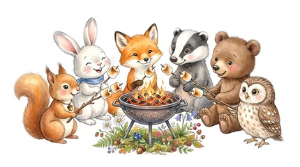 Naklejka premium Cute Forest Animals Roasting Marshmallows on Grill Watercolor Illustration, Elegant Soft Celebration Background for Wedding Anniversary Love and Romantic Professional Decoration Assets