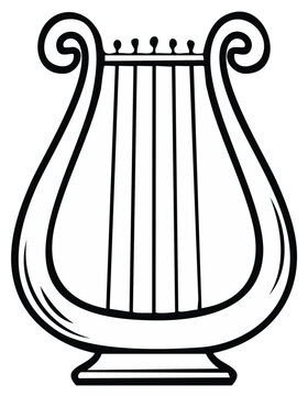 Line art illustration of ancient harp instrument with flowing elegant design