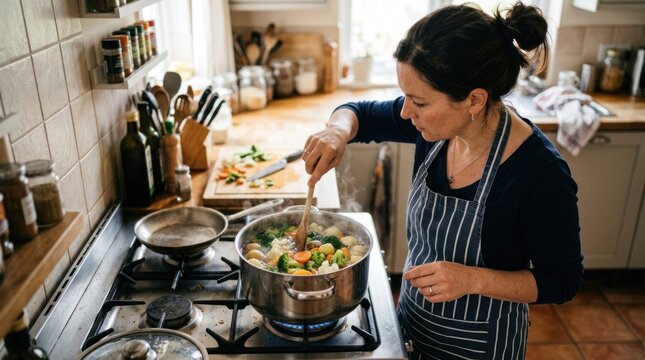 A woman cooking in a kitchen, stirring a pot of vegetables.