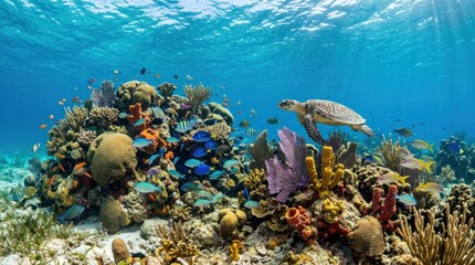 Fototapeta premium A colorful underwater scene with a turtle and various fish swimming around a coral reef.