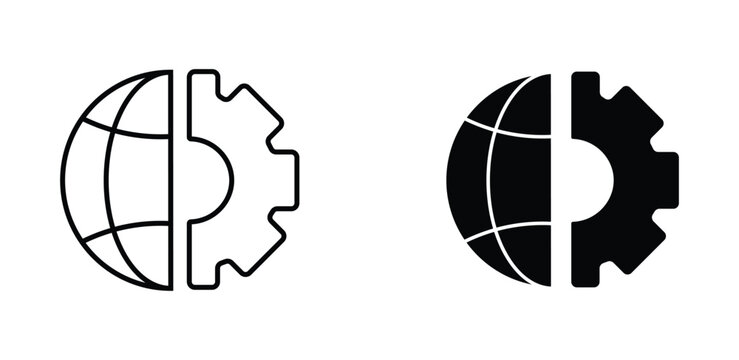 Global technology icon set, globe and gear vector symbols, industrial world development icons, black outline and solid flat web graphics