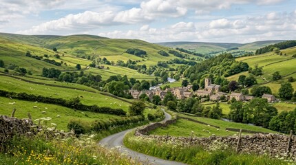 Fototapeta premium A picturesque English countryside scene with rolling green hills, a winding road, and a quaint village nestled among the greenery.