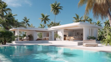 Fototapeta premium Modern tropical villa with swimming pool surrounded by palm trees and lush greenery in a serene coastal setting under a bright sunny sky