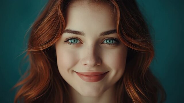 Smiling redhead woman portrait with teal background and soft lighting, young woman portrait calm