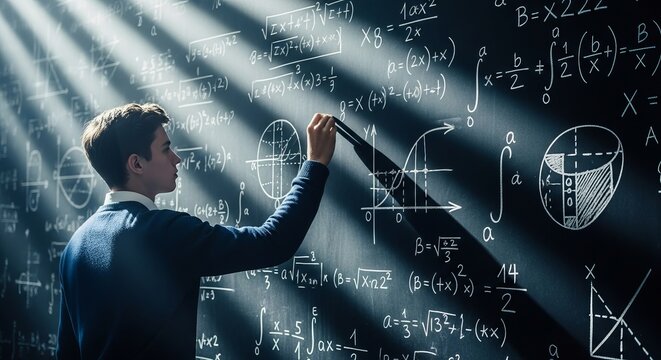 Young student solving complex math equations on a blackboard with chalk, illuminated by sunlight rays.