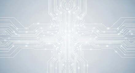 Light gray abstract background with white digital circuit board lines and glowing nodes forming a symmetrical electronic motherboard pattern for technology and engineering themes. © Mumu