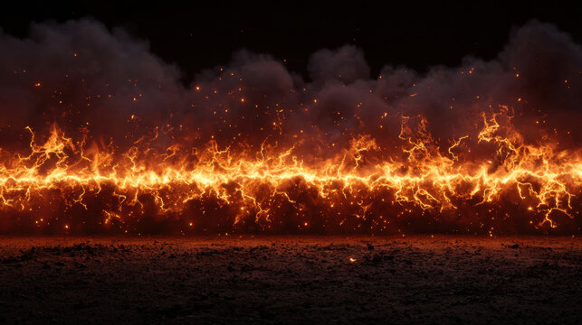 Fire line flame band smoke cloud dark background glowing ember orange fire hot energy horizontal line fire texture firestorm abstract fire surreal scene dramatic light heat combustion blaze