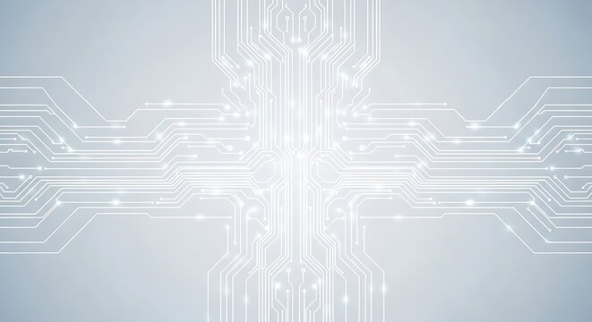 Light gray abstract background with white digital circuit board lines and glowing nodes forming a symmetrical electronic motherboard pattern for technology and engineering themes.