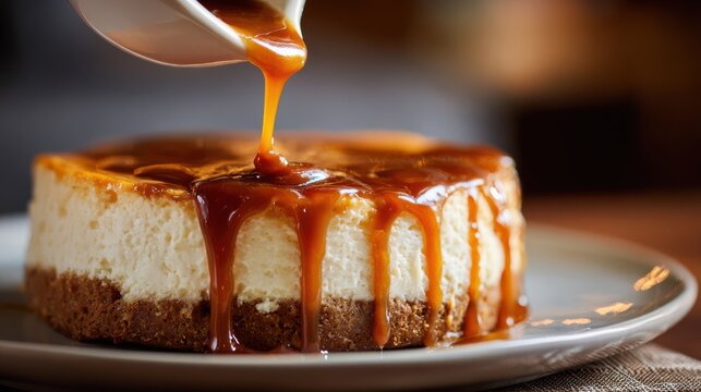 A creamy cheesecake with a graham cracker crust being drizzled with thick amber caramel sauce on a white plate