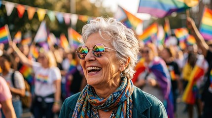 Fototapeta premium Joyful Senior Woman with Grey Hair and Rainbow Sunglasses at LGBTQ Pride Parade