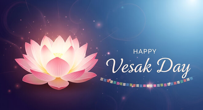 Happy Vesak Day greeting with a luminous pink lotus flower and prayer flags on a gradient blue background