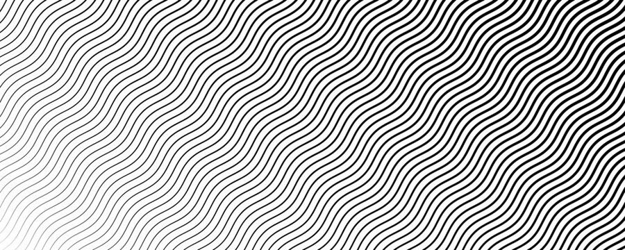 Black wavy slanted texture gradient. Wave diagonal line pattern wallpaper. Fading curved linear halftone gradation. Thin to thick undulate stripe background for overlay, cover, graphic design. Vector