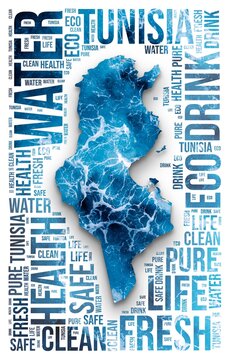 Tunisia. Water concept illustration. Silhouette of the country. Word cloud with blue, marbled water texture. Tunisia shape with related tag words. Stylish illustration.