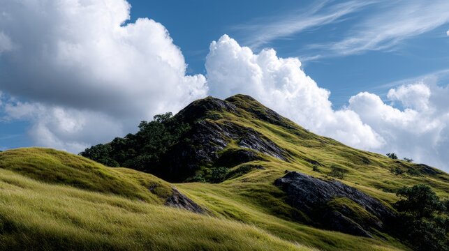 Scenic green mountain peak under bright blue sky with fluffy white clouds, landscape of grassy hills.