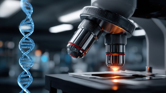 Biotechnology laboratory with microscope and dna strand for healthcare research and medical analysis